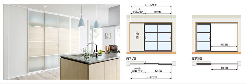 間仕切り　プレイススウィング「引戸」の袖壁納まり